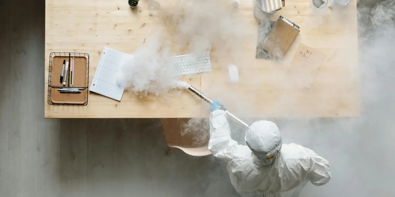 A Person in a Protective Suit Fumigating a Table